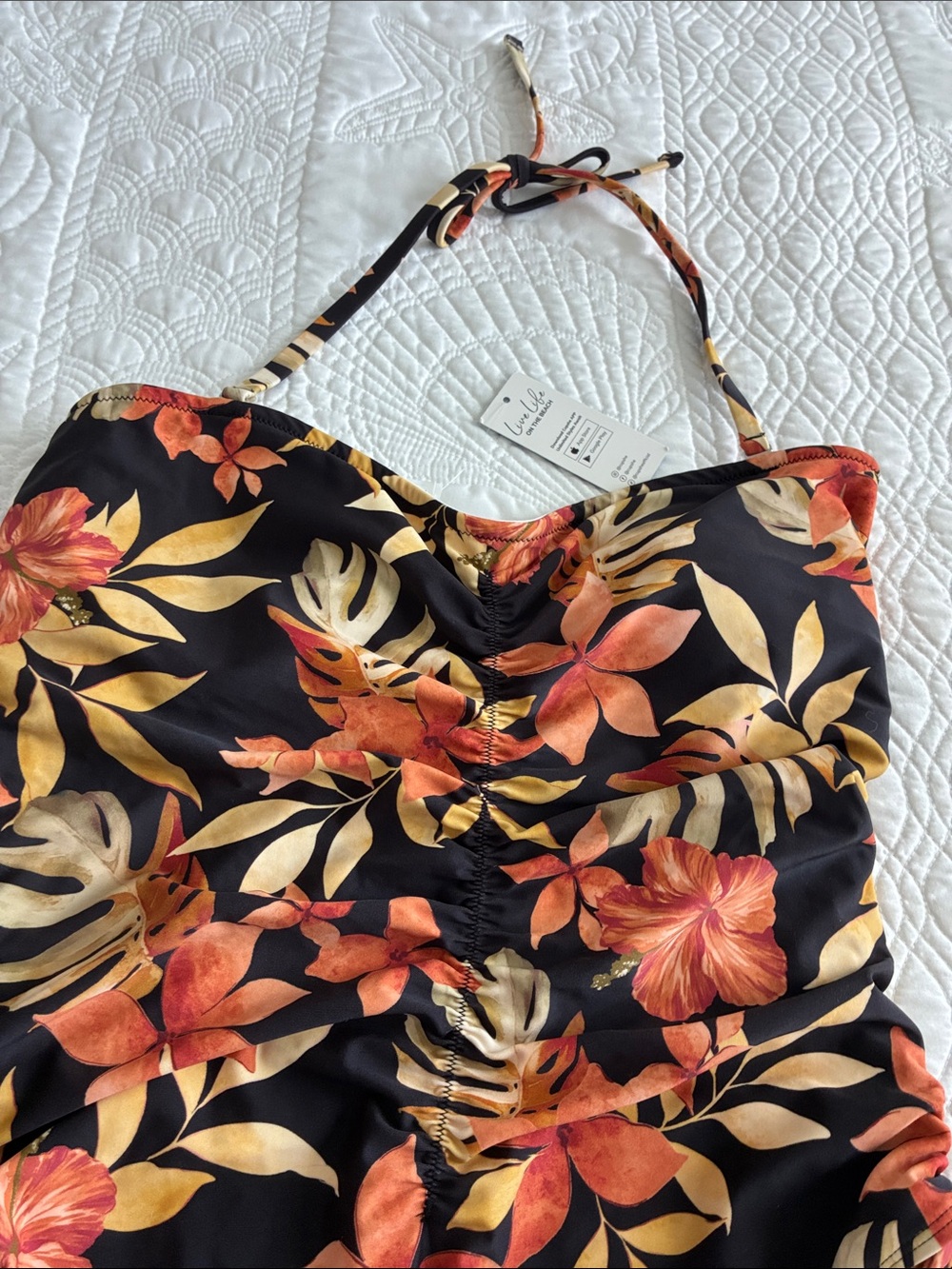 Cupshe Floral One-Piece Swimsuit - Black with Orange & Gold Leaves - Picture 3 of 6